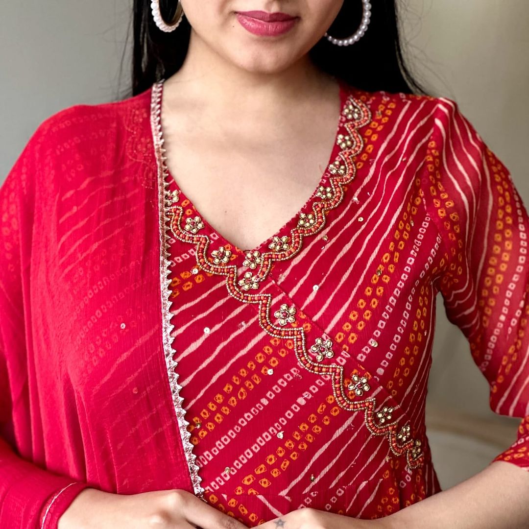 Red Bandhani Anarkali Suit Set