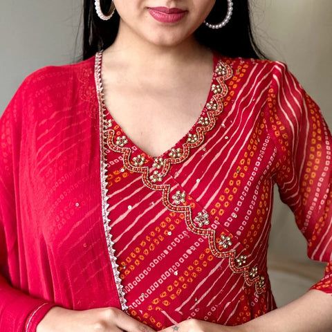 Red Bandhani Anarkali Suit Set