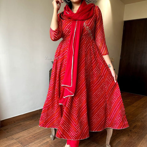 Red Bandhani Anarkali Suit Set