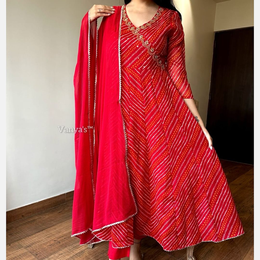 Red Bandhani Anarkali Suit Set