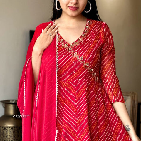 Red Bandhani Anarkali Suit Set
