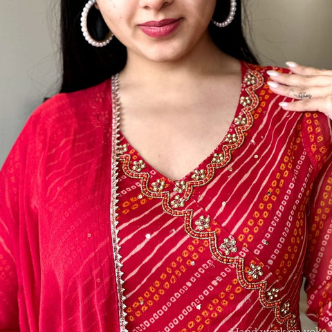 Red Bandhani Anarkali Suit Set