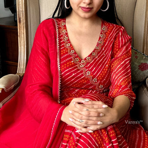 Red Bandhani Anarkali Suit Set