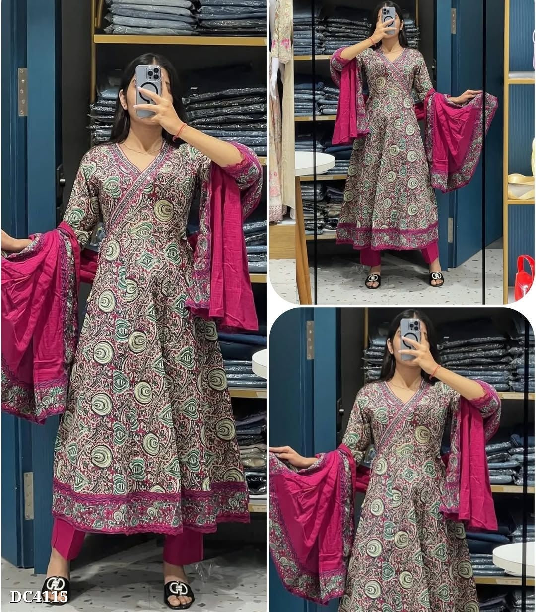 Bold Magenta Wrap-Style Anarkali Cotton Set with Artistic Boho Patterns