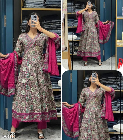 Bold Magenta Wrap-Style Anarkali Cotton Set with Artistic Boho Patterns
