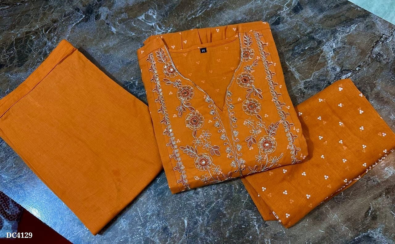 Rust Orange Embroidered Cotton Anarkali Set