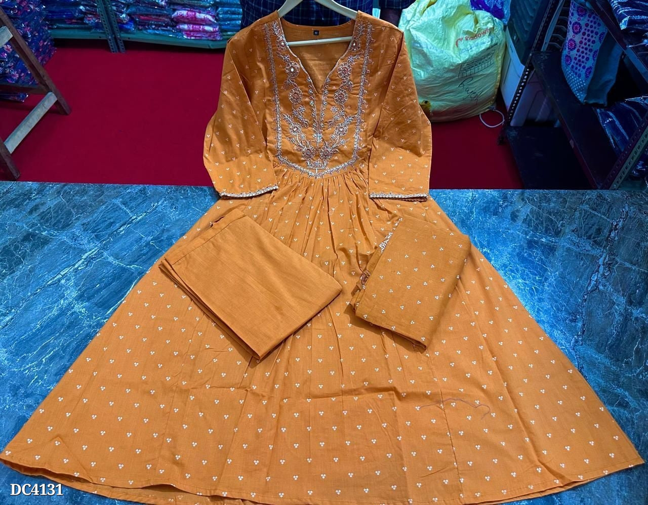 Rust Orange Embroidered Cotton Anarkali Set