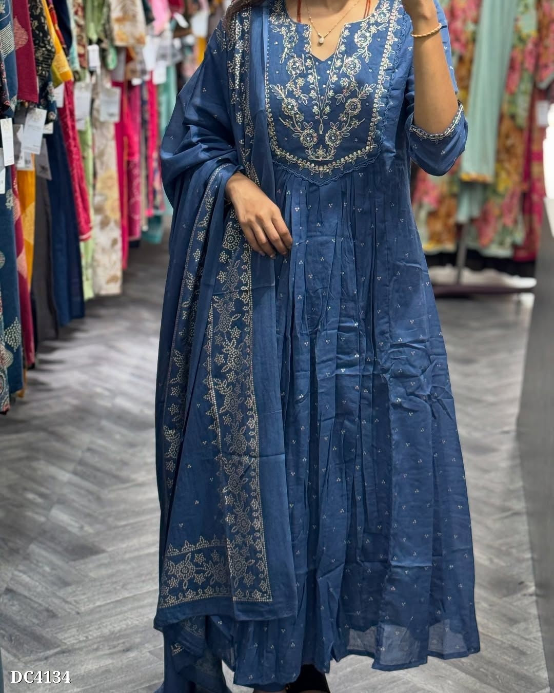 Elegant Indigo Embroidered Cotton Anarkali Set