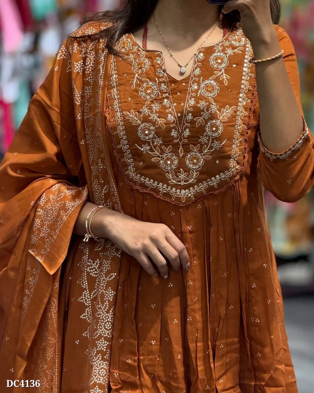 Rust Orange Embroidered Cotton Anarkali Set