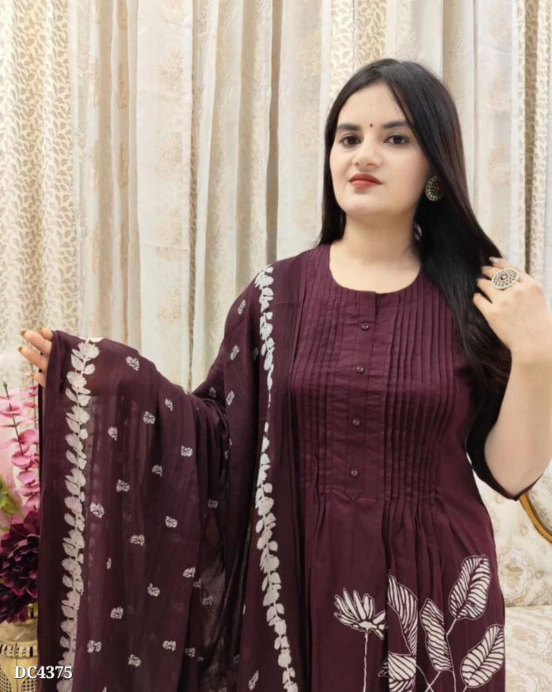 Sophisticated Wine Cotton Kurta Set with Ivory Floral