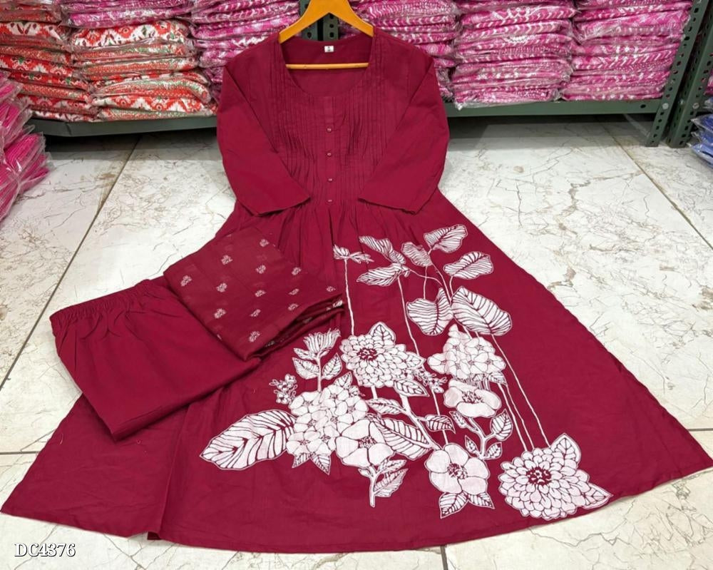 Elegant Maroon Cotton Kurta Set with Floral Accents