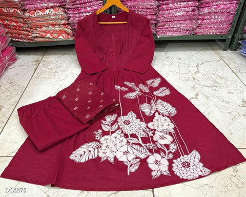 Elegant Maroon Cotton Kurta Set with Floral Accents