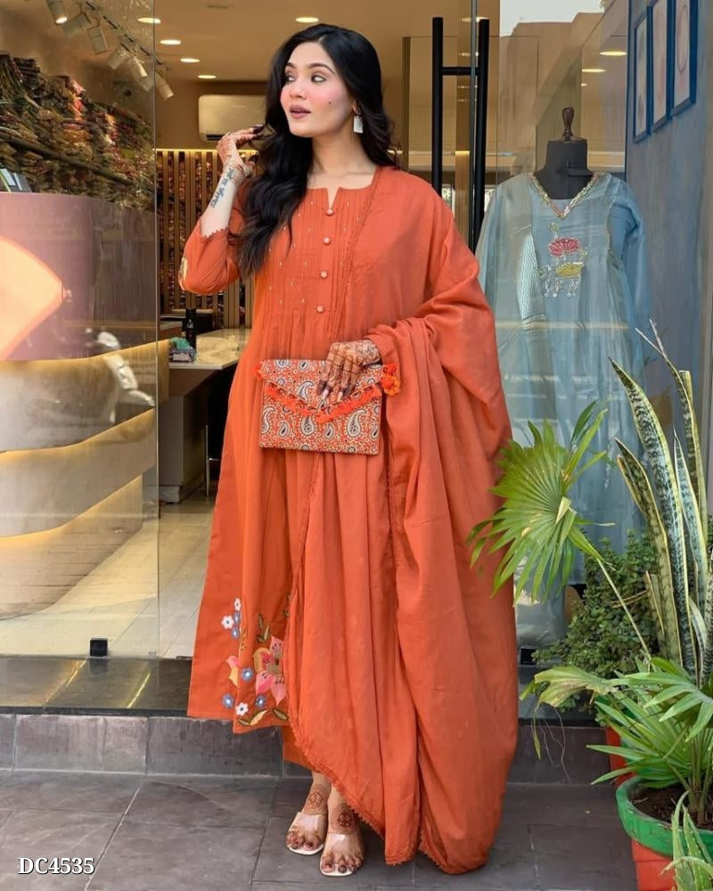 Chic Rust Orange Embroidered Cotton Set with Dupatta