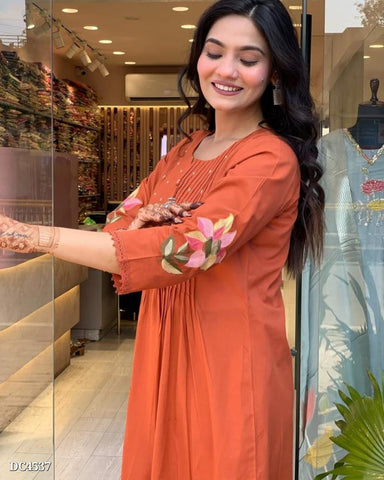 Chic Rust Orange Embroidered Cotton Set with Dupatta