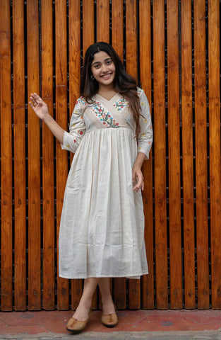 Ivory Garden Hand-Embroidered Cotton Dress