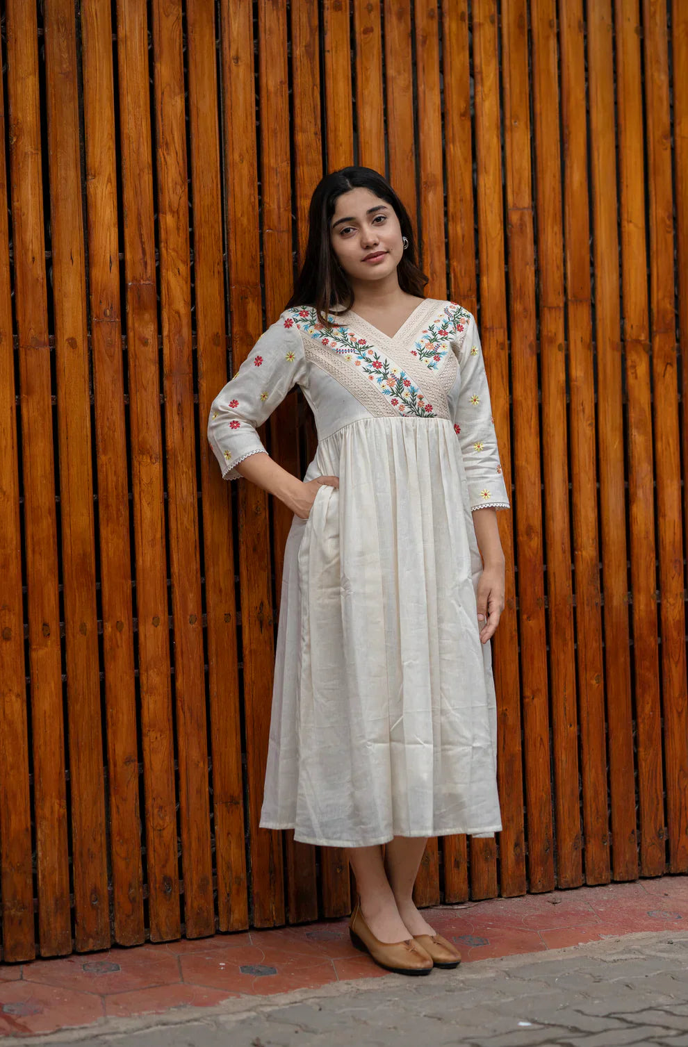 Ivory Garden Hand-Embroidered Cotton Dress