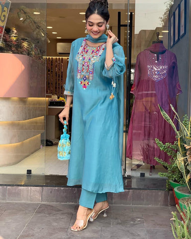 Teal Charm Cotton Embroidered Suit Set