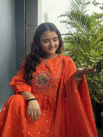 Rust Orange Hand-Embroidered Anarkali Set