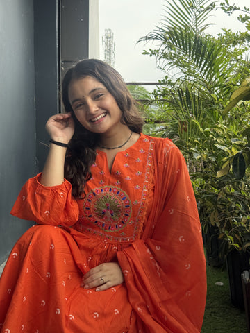 Rust Orange Hand-Embroidered Anarkali Set