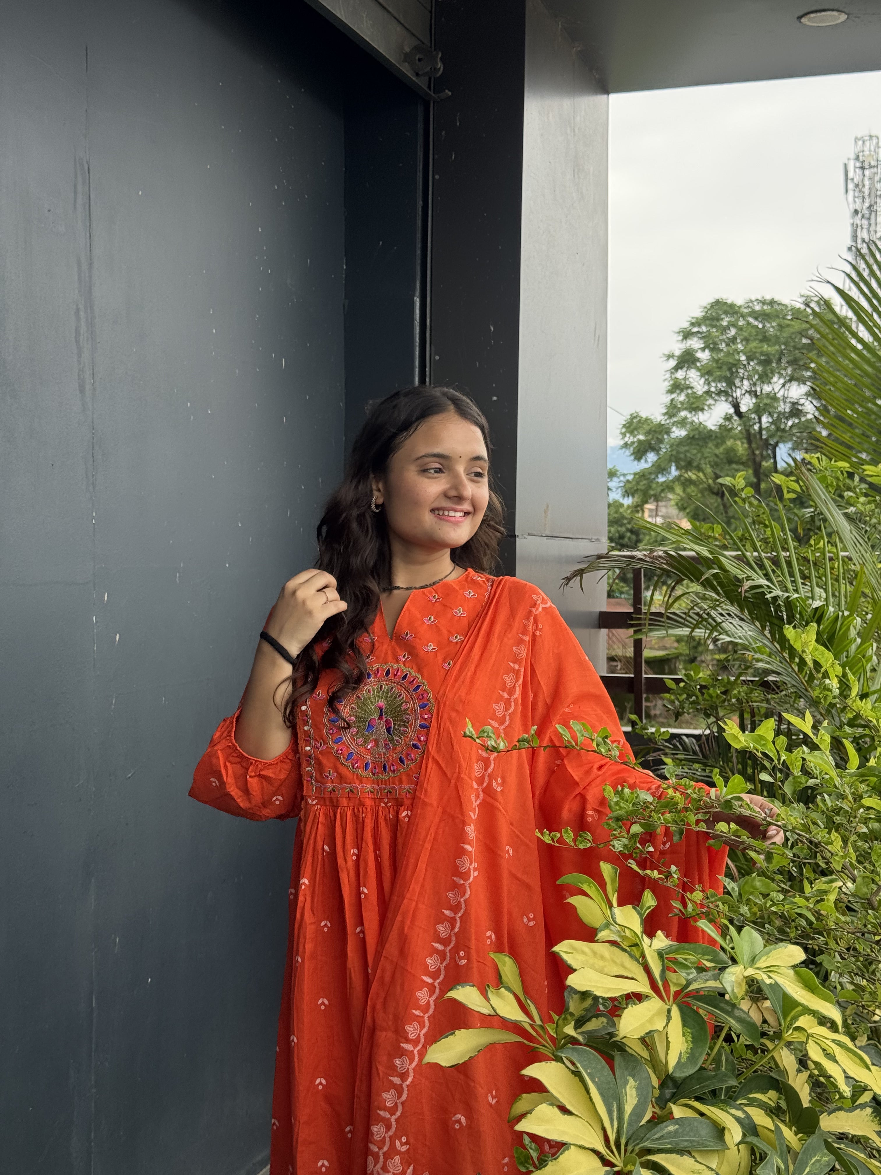 Rust Orange Hand-Embroidered Anarkali Set