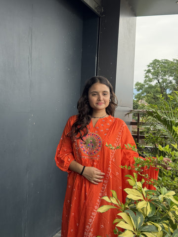 Rust Orange Hand-Embroidered Anarkali Set