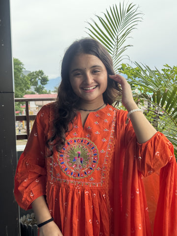 Rust Orange Hand-Embroidered Anarkali Set