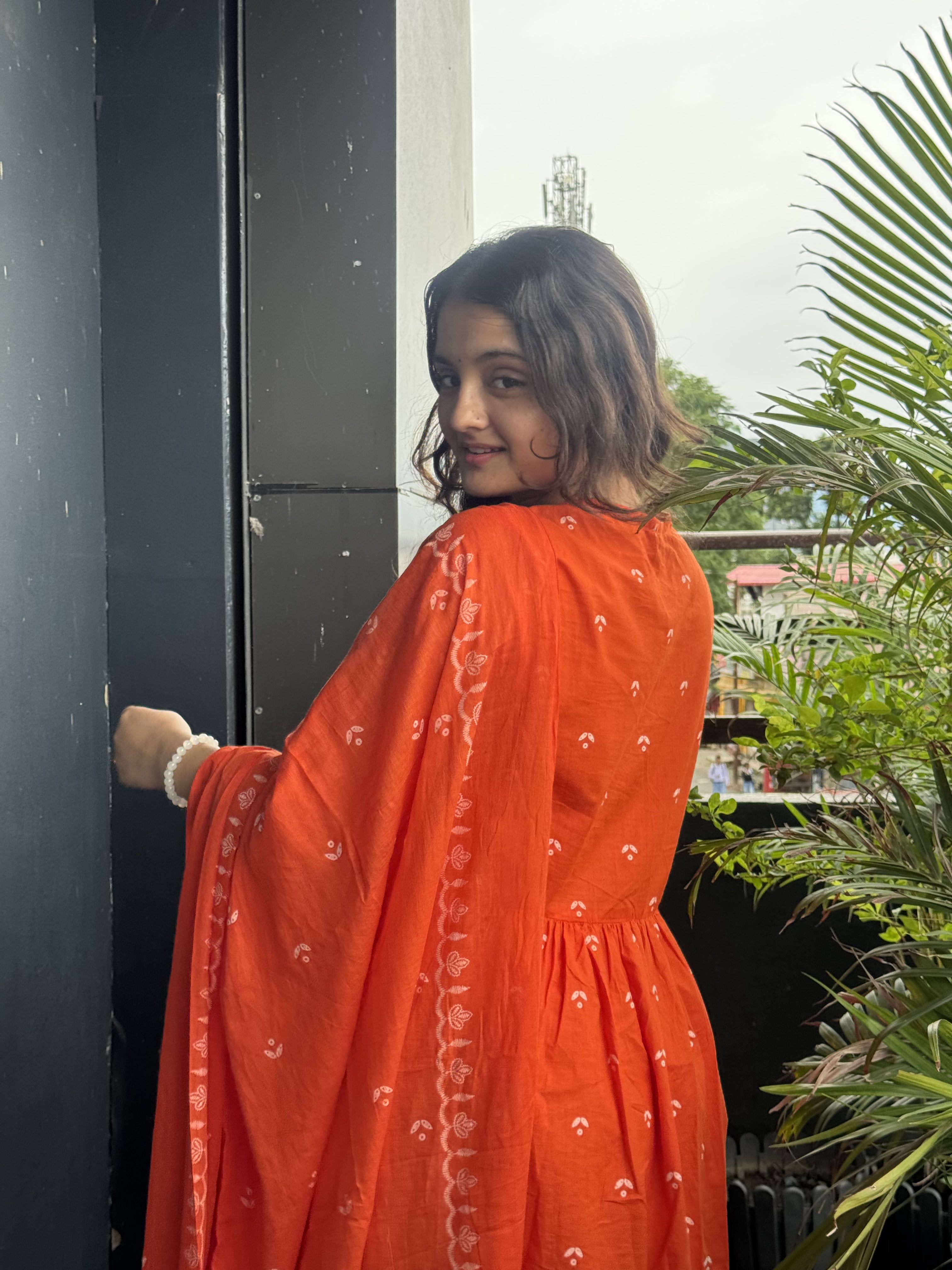 Rust Orange Hand-Embroidered Anarkali Set