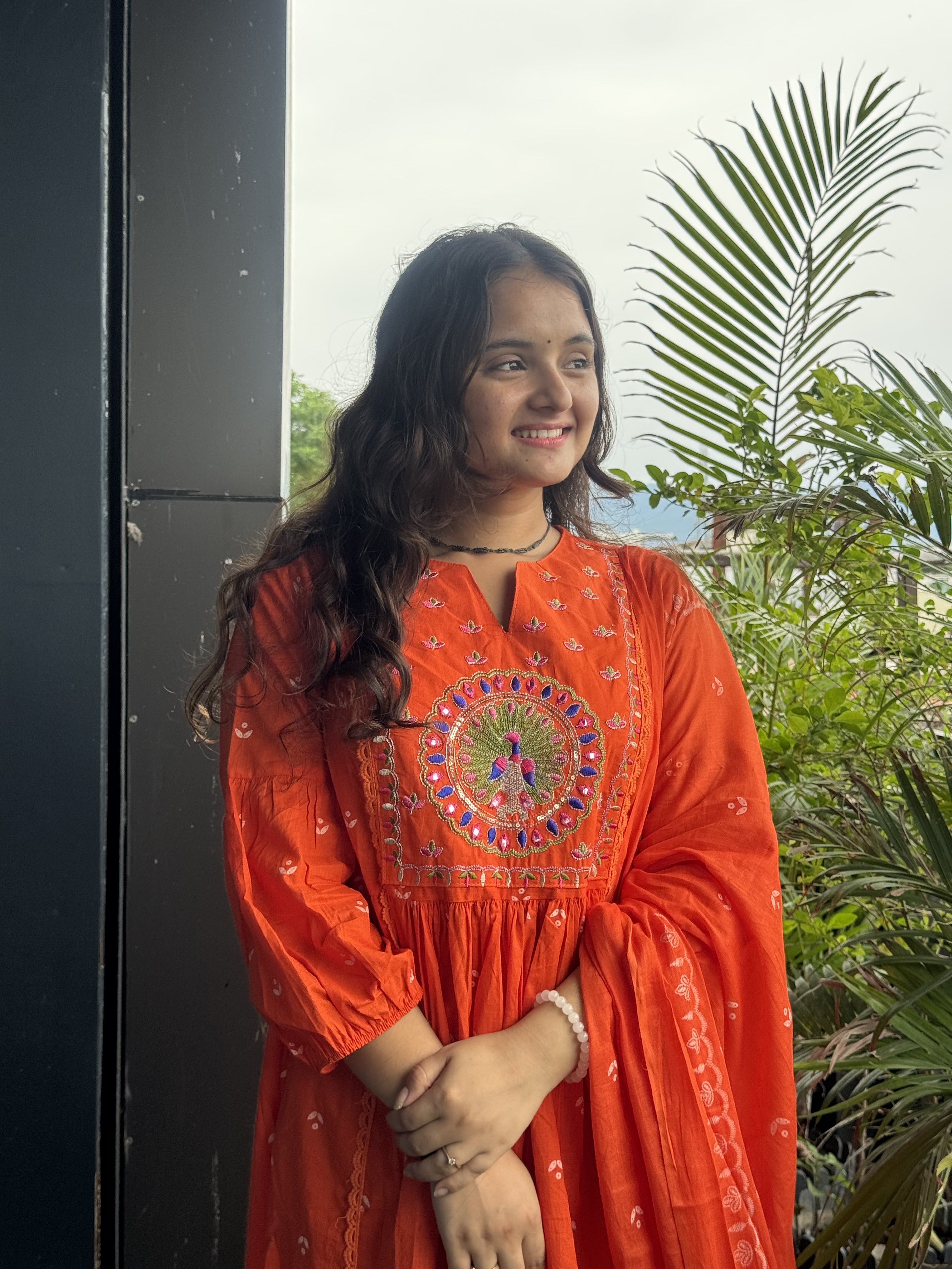 Rust Orange Hand-Embroidered Anarkali Set