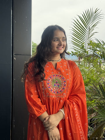 Rust Orange Hand-Embroidered Anarkali Set