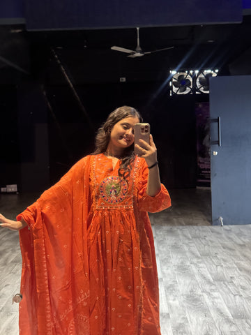 Rust Orange Hand-Embroidered Anarkali Set