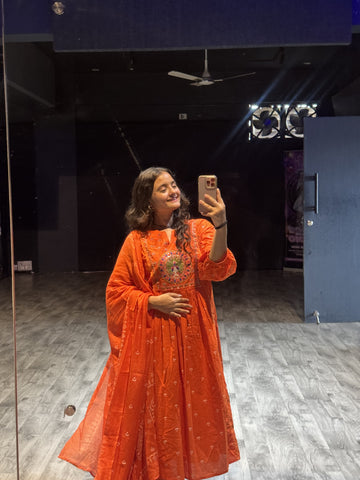 Rust Orange Hand-Embroidered Anarkali Set
