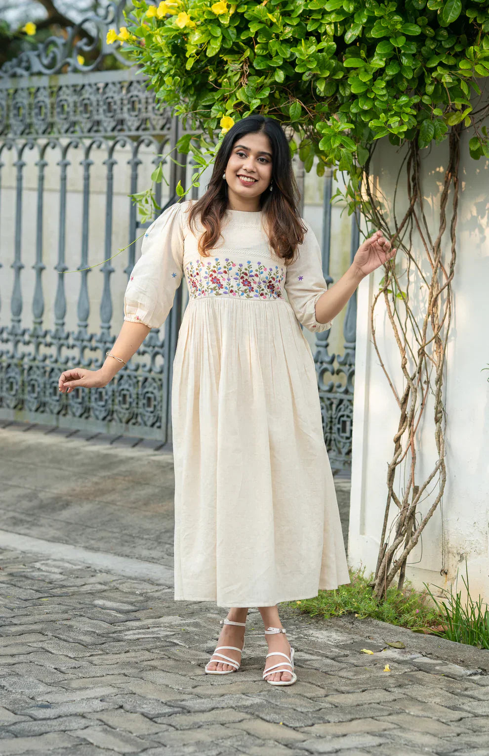 Ivory Meadow Hand-Embroidered Cotton Dress