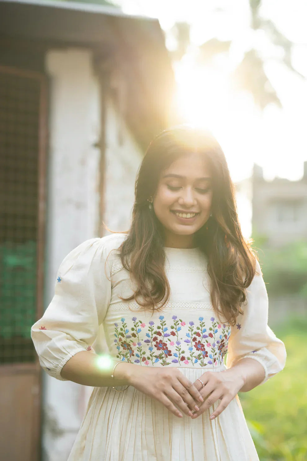 Ivory Meadow Hand-Embroidered Cotton Dress