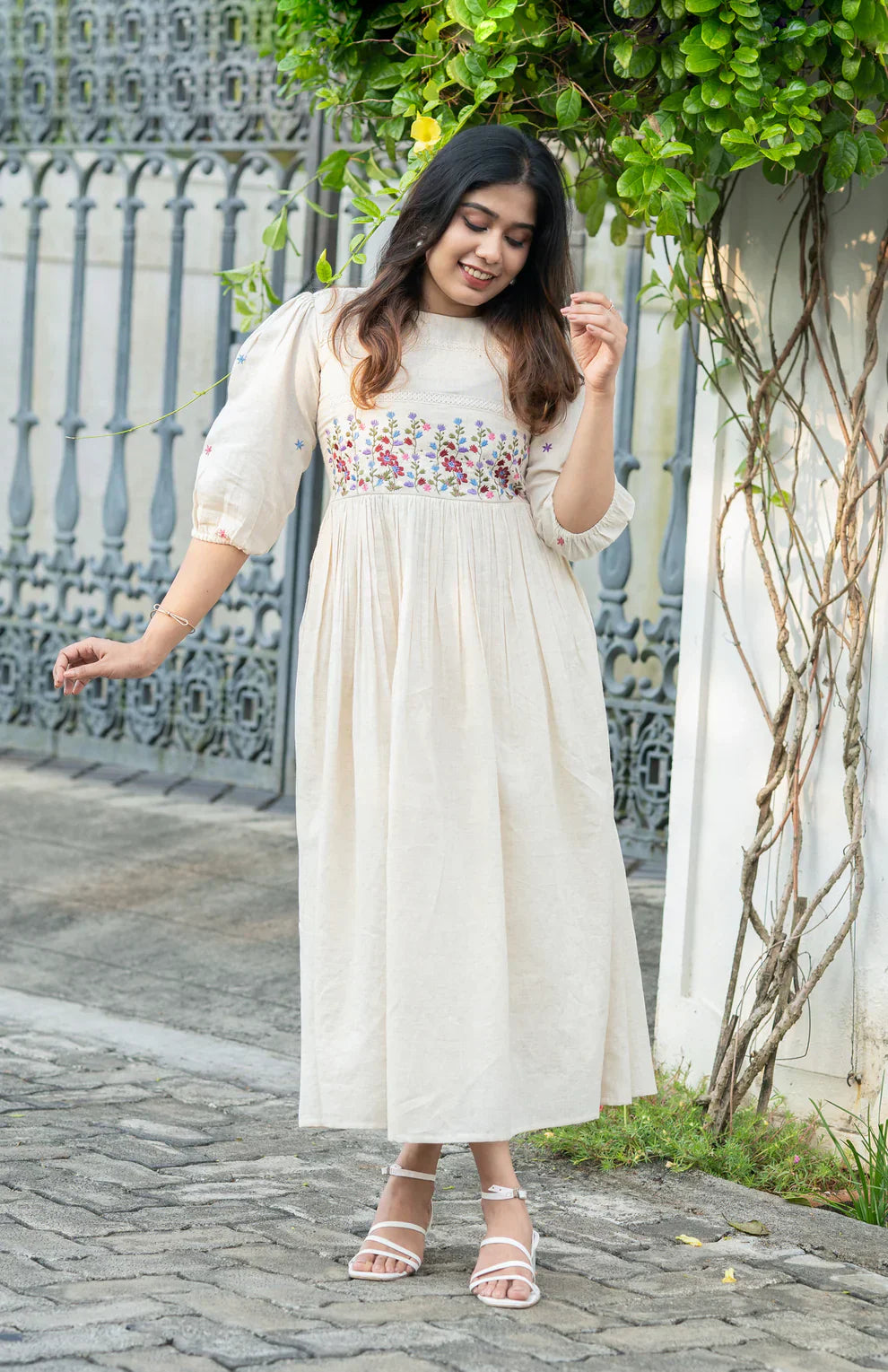 Ivory Meadow Hand-Embroidered Cotton Dress