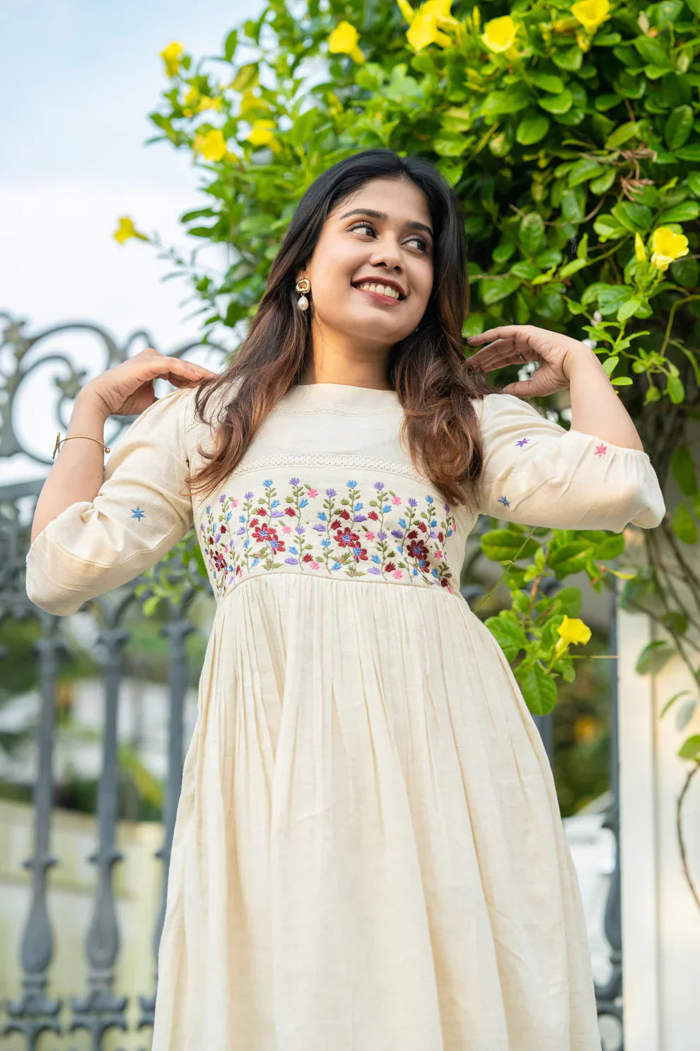 Ivory Meadow Hand-Embroidered Cotton Dress