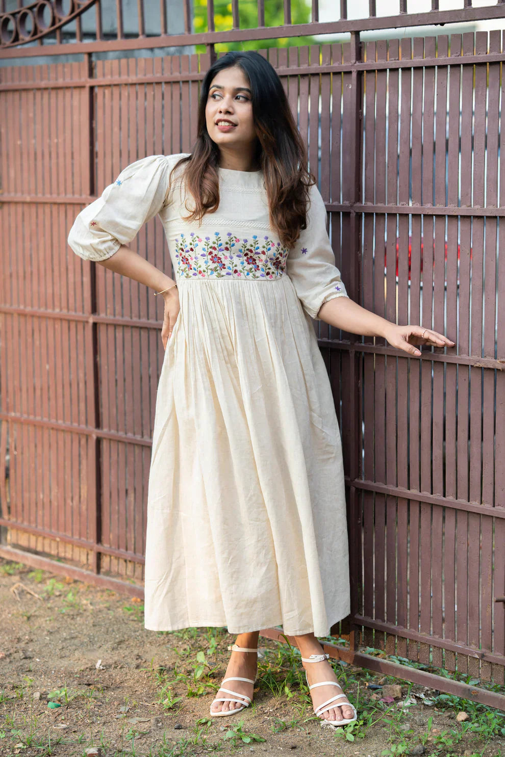 Ivory Meadow Hand-Embroidered Cotton Dress