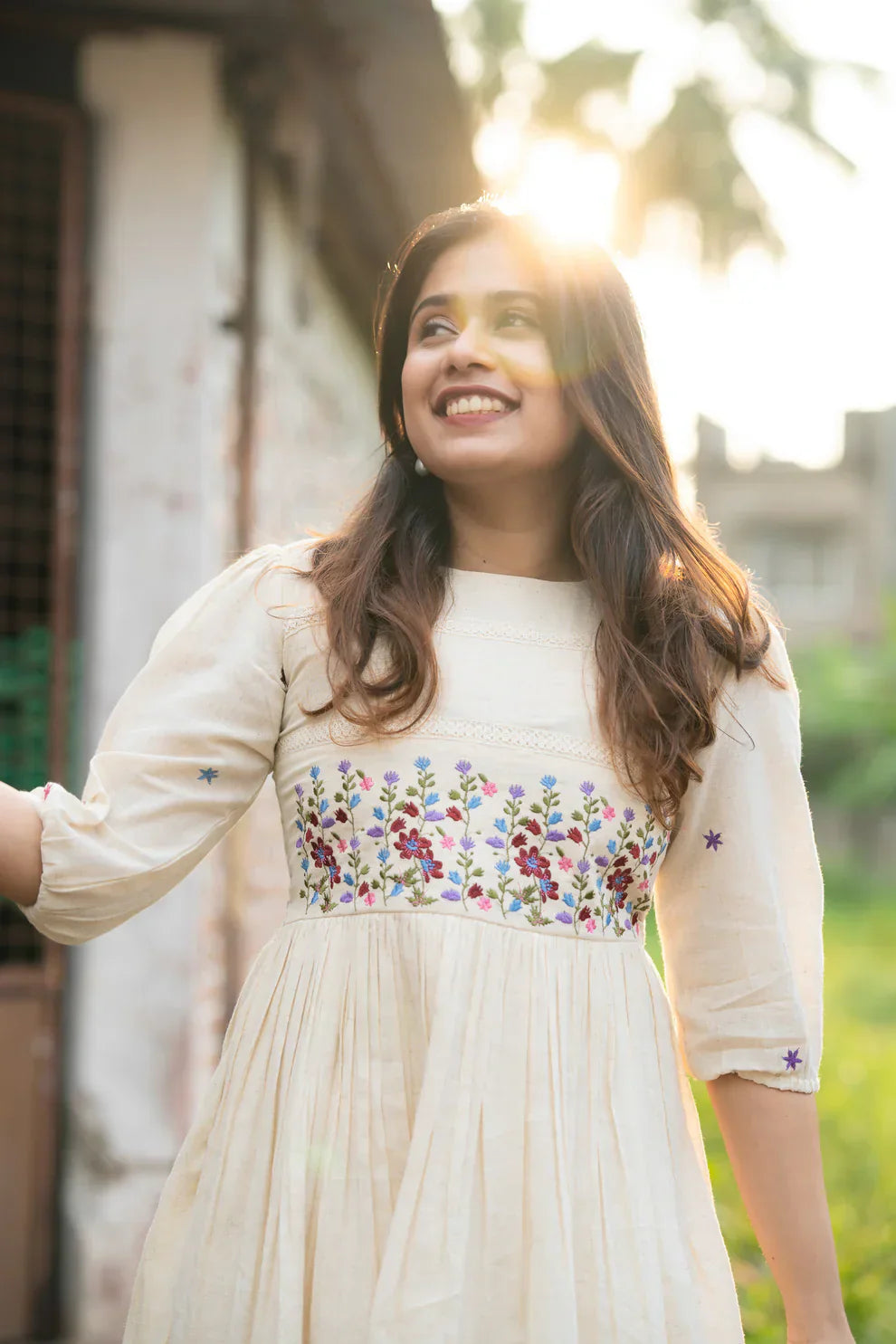 Ivory Meadow Hand-Embroidered Cotton Dress