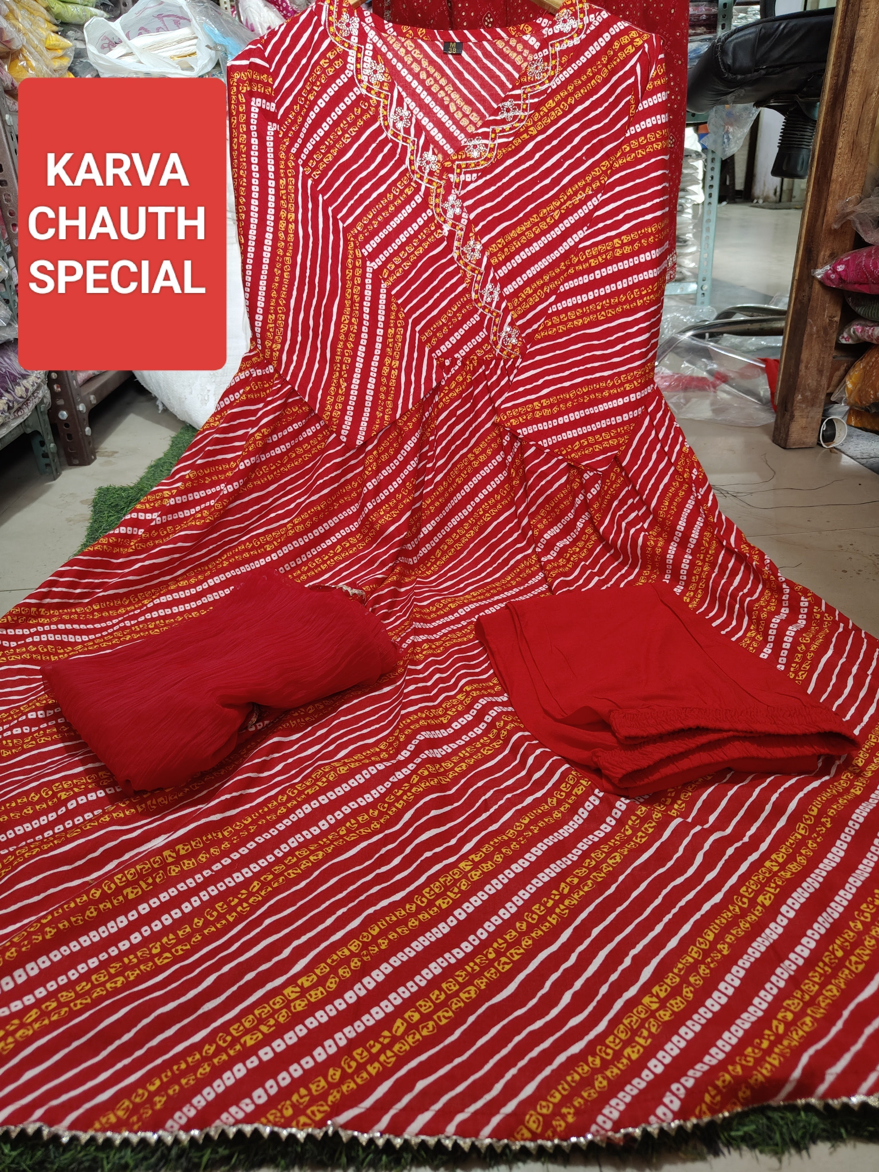 Red Bandhani Anarkali Suit Set