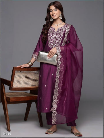 Royal Plum Embroidered Organza Suit Set