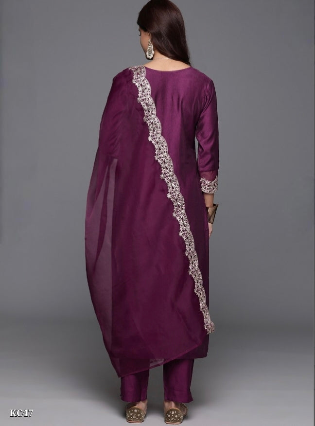 Royal Plum Embroidered Organza Suit Set