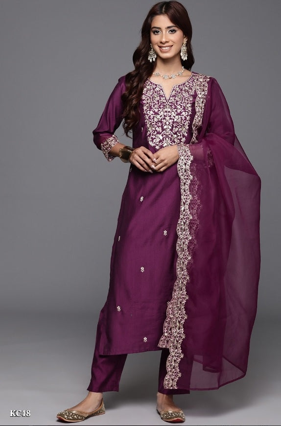 Royal Plum Embroidered Organza Suit Set