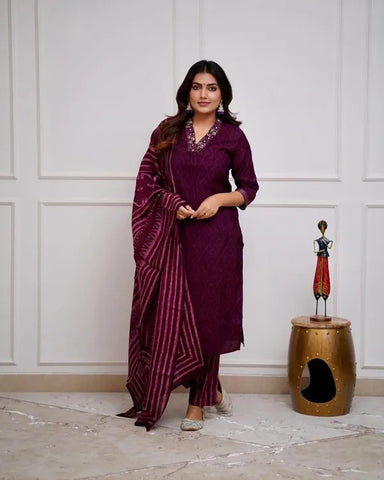 Rich Wine Kurta Set with Embroidered Neckline & Striped Dupatta