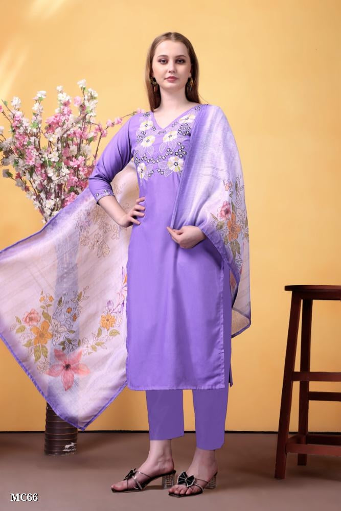 Graceful Lavender Cotton Suit with Floral Embroidered Neck