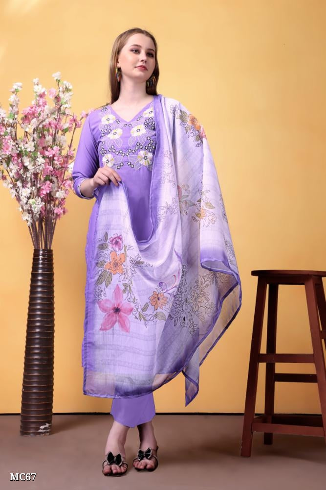 Graceful Lavender Cotton Suit with Floral Embroidered Neck