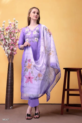 Graceful Lavender Cotton Suit with Floral Embroidered Neck