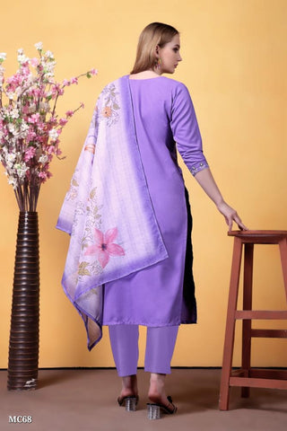 Graceful Lavender Cotton Suit with Floral Embroidered Neck