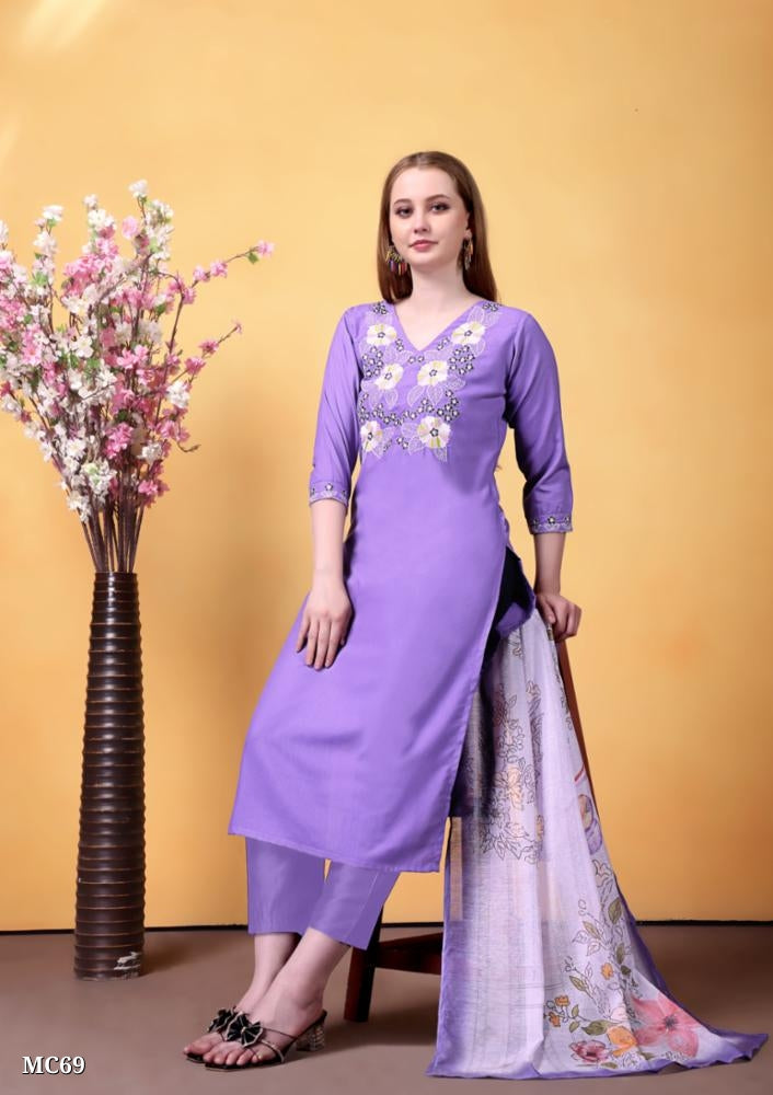 Graceful Lavender Cotton Suit with Floral Embroidered Neck