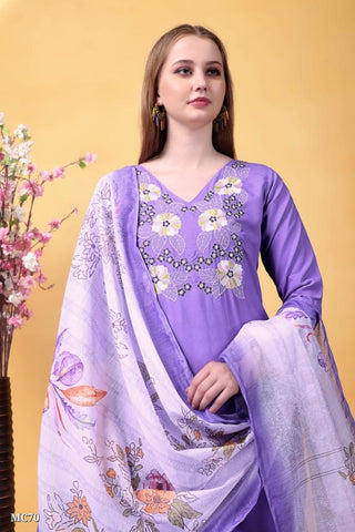Graceful Lavender Cotton Suit with Floral Embroidered Neck