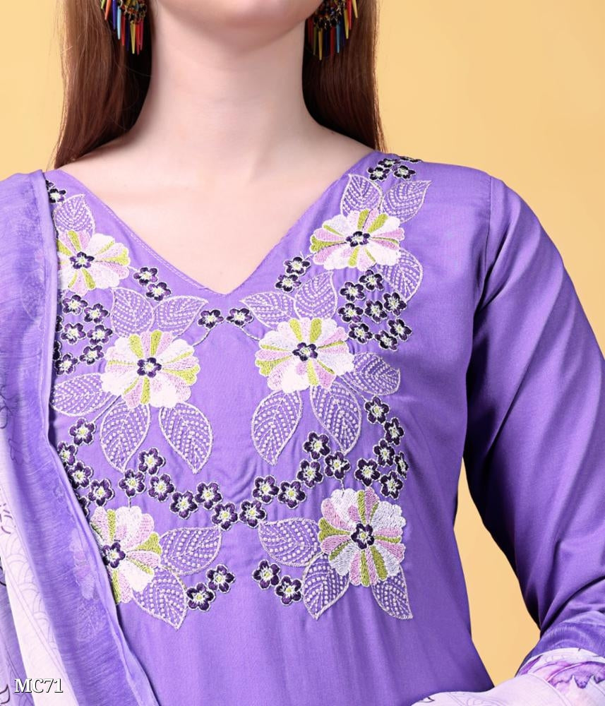Graceful Lavender Cotton Suit with Floral Embroidered Neck
