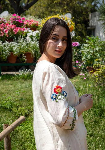 Ivory Hand-Embroidered Floral Kurta Set